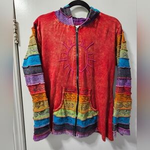 Colorful Patchwork Hoodie with Sun Design
